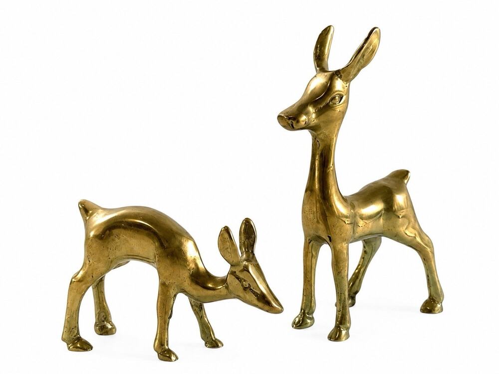 Vintage Brass Deer Figurines Set Mid Century Modern Doe & Fawn Pair Small